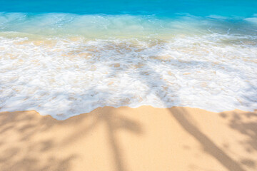 sandy beach background for a summer vacation idea. The beach and sea in summer, with sparkling sunlight, shimmering sand, clear water, and the shadows of palm trees.