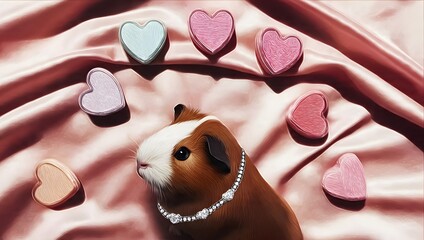 Delightful guinea pig adorned with a dainty heart necklace nestled among colorful candy hearts on luxurious pink satin blanket, featuring a curious wide-eyed expression with magical sparkles in whimsi