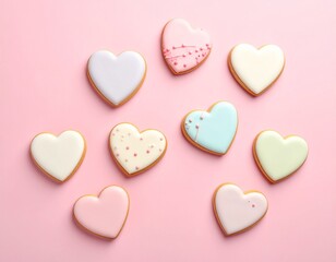 Fototapeta premium Heart Shaped Valentine Cookies Flat Lay