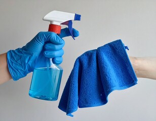 hand in blue rubber glove holding blue microfiber cleaning cloth and spray bottle with sterilizing solution make cleaning and disinfection for good hygiene

