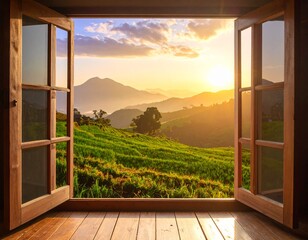 landscape nature view background. view from window at a wonderful landscape nature view with rice terraces and space
