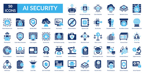 Ai Security Fill Icon Set. Threat Scanner, Encrypted Neural Chip, Cyber Shield Bot, Secure Cloud, Biometric Access, Firewall Control, Data Encryption Core
