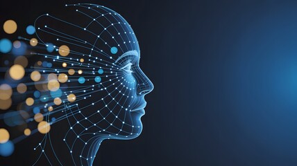 Digital Futuristic Human Face Wireframe with Glowing Data Connections and Bokeh Effects