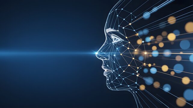 Futuristic AI head rendering with glowing neural network connections and abstract light beams on a dark blue background. - Powered by Adobe