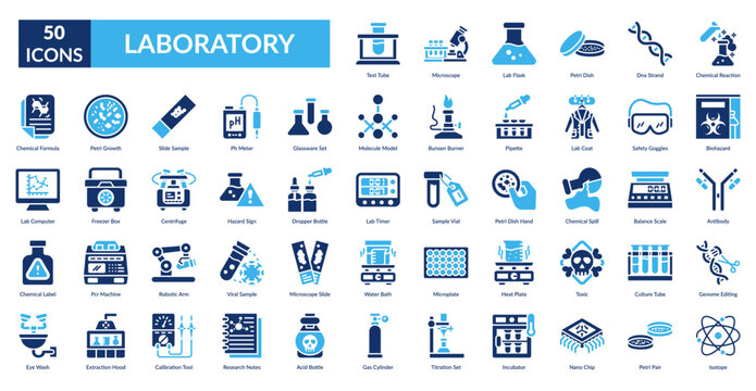 Laboratory Fill Icon Set. Test Tube, Microscope, Lab Flask, Petri Dish, Dna Strand, Chemical Reaction, Biohazard