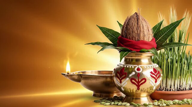 Chaitra Navratri with Decorated Ceremonial Kalash Pot and Barley Sprouts in Corner