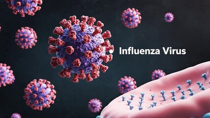Influenza virus particles floating around a human hand with microscopic view - Powered by Adobe
