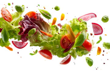 Vibrant and healthy mix of fresh salad ingredients captured in mid-air motion against a black background.