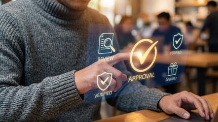 Approval workflow exploration office environment digital interface closeup view modern technology concept