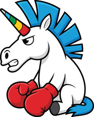 Fototapeta premium Vector Illustration of a Tough White Unicorn Character Wearing Red Boxing Gloves and a Rainbow Colored Horn