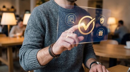 Innovative business technology close-up of a man interacting with digital interface in modern workspace