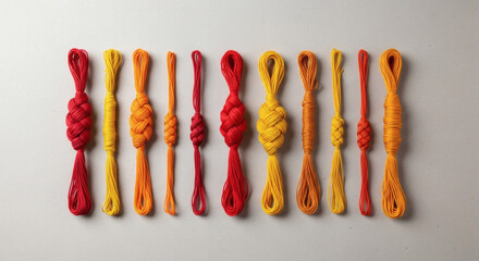 A vibrant collection of intricately tied knots made from colorful red, orange, and yellow yarn, showcasing various crafting techniques and decorative patterns.