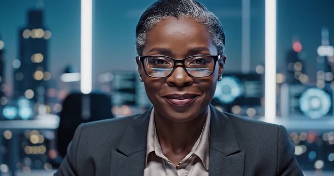 Confident businesswoman in modern office overlooking city skyline at night, focused on strategy