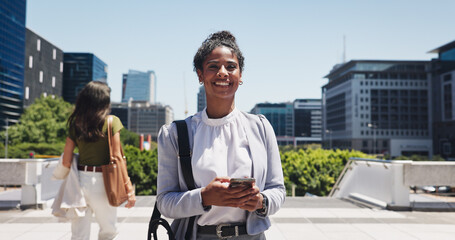 Architect, portrait and woman in city with phone, experience and career pride in urban development....