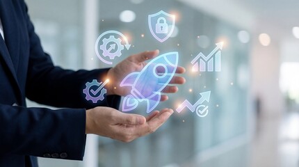 Business professional hands presenting innovative technology concepts corporate office digital marketing graphics modern workspace close-up perspective