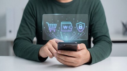 Digital shopping hands using smartphone online marketplace interactive environment close-up viewpoint e-commerce concept