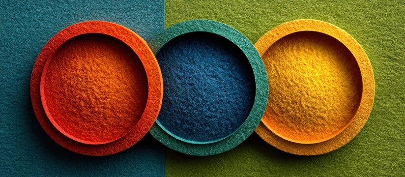 Three colorful circles with textured interiors sit on a contrasting background