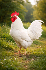 Fototapeta premium White Rooster Standing Proudly on Green Meadow in Natural Light