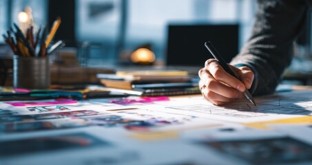 Designer working on wireframe design with various materials on desk  