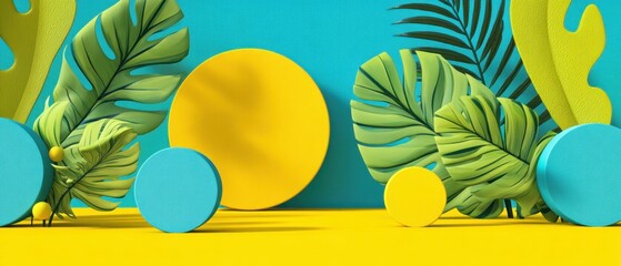 Bright and Fresh Holiday Background with Abstract Shapes and Leafy Elements in Vibrant Colors Radiating Sunlight