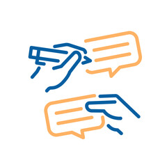 Fototapeta premium Hands interacting with speech bubbles to represent online conversation, feedback, messaging, collaboration and customer support interaction. Thin line icon editable stroke