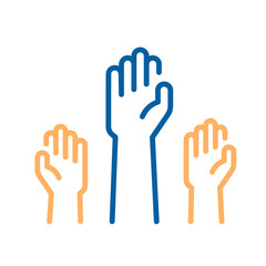 Fototapeta premium Blue and orange outline hands raising, representing voting, choice, democracy, participation, and volunteering concepts. Thin line icon editable stroke