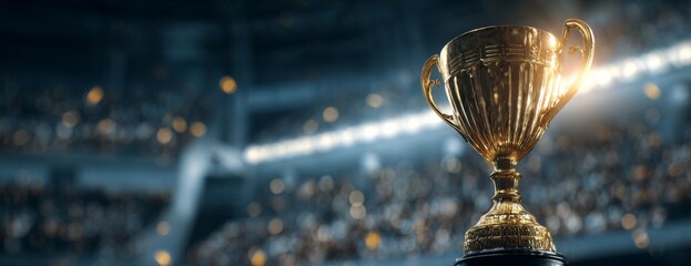Golden trophy in stadium with cheering audience in background  