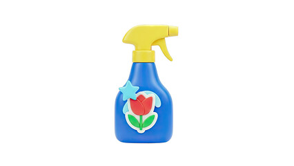 Blue spray bottle with yellow trigger and flower design