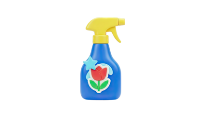 Blue spray bottle with yellow trigger and flower design