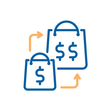 Two outline shopping bags in blue with dollar symbols and orange arrows, representing trade, transaction, and retail business. Thin line icon editable stroke