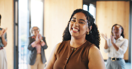 Applause, workshop or happy woman with employees in circle, ice breaker activity or engagement...