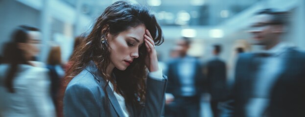 Young businesswoman feeling overwhelmed in a busy office environment  