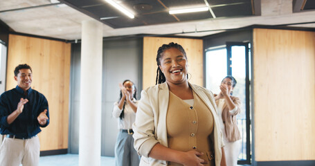 Laughing, applause and workshop with business woman in office for success, upskill target and support. Motivational speaker, seminar achievement and celebration with people at conference for team