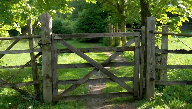 4K footage of rustic wooden gate with picket fence leading to lush green pathway Beaulieu England emphasizing charm texture tranquil countryside 