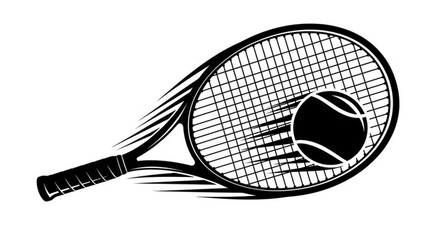 Motion-blurred illustration of a tennis racket hitting a ball on a white background, conveying dynamic action in a simple graphic style.