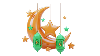 3D Ramadan Islamic Crescent Moon, Stars and Lanterns Decoration