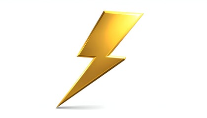 Shiny 3D golden lightning bolt graphic, angled, casting a subtle shadow on white
