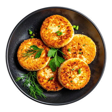 Golden brown european-style fish cakes on a dark plate, elegantly isolated on a clean white background