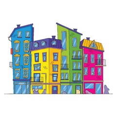 Cartoon illustration of a row of colorful buildings with a cute dragon on the ground in a playful, vibrant urban scene with bright hues.