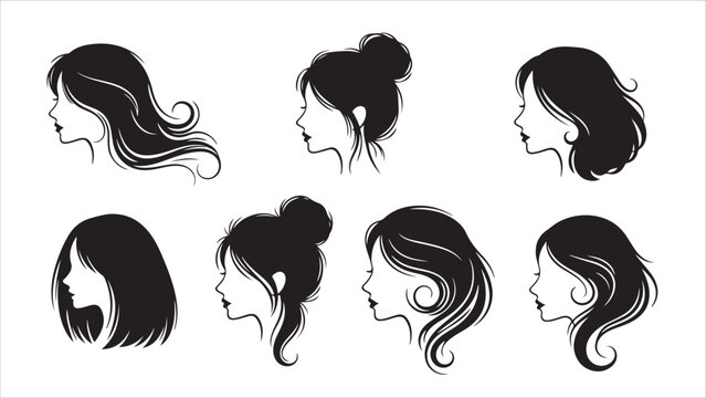 A Collection of Elegant Black Silhouette Portraits of Women Featuring Diverse Hairstyles, from Flowing Wavy Hair to Stylish Buns and Updos, Ideal for Beauty Salon Logos or Fashion Illustration.eps