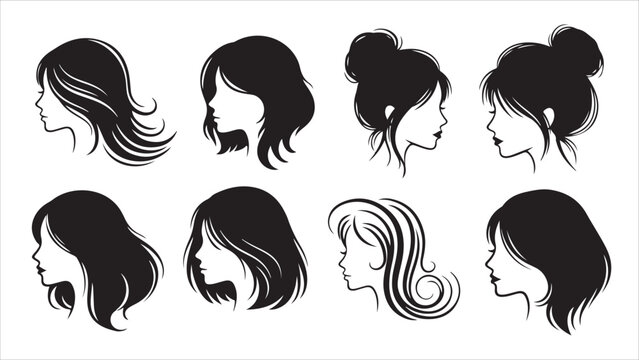 A Collection of Elegant Black Silhouette Portraits of Women Featuring Diverse Hairstyles, from Flowing Wavy Hair to Stylish Buns and Updos, Ideal for Beauty Salon Logos or Fashion Illustration.eps