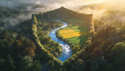 Photorealistic aerial landscape of a winding blue river flowing through a lush dense forest and vibrant yellow fields in a mist covered mountain valley at golden hour sunset