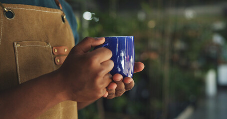 Nursery, coffee and hands of florist in store for beverage, organic and relax in small business. Drinking tea, sustainability and calm with person in eco friendly startup for health and drink