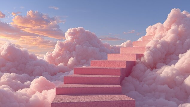 Pink staircase ascending through clouds to blue sky
