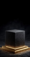 Dark Cube on Golden Pedestal with Copy Space