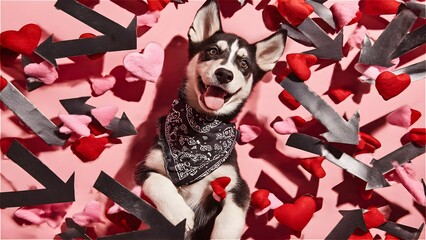 Energetic Siberian husky puppy stationed in a charming homemade kissing booth adorned with heart signs and directional arrows, sporting a stylish bandana in a playful inviting pose