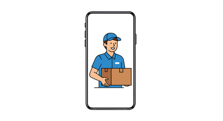 Professional delivery man wearing a blue uniform is shown holding a cardboard box inside a smartphone screen representing mobile logistics.
