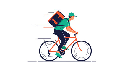 Fast bicycle delivery courier wearing a green shirt and cap carries a large thermal backpack while riding his bike through the city.