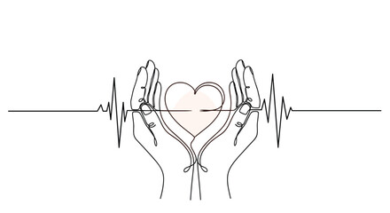 Continuous line drawing shows two hands gently cupping a soft pink heart shape with a heartbeat pulse line running through it for healthcare.