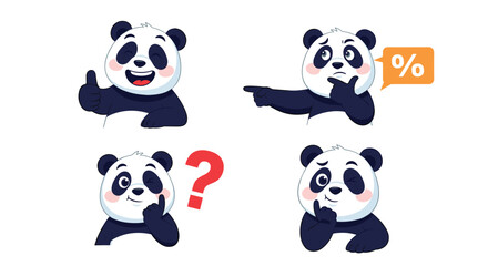 Collection of four cute panda stickers depicts the animal in different emotional states and poses including happy and thinking gestures.